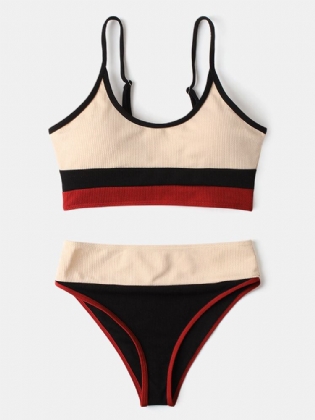 Dame Stripe Patchwork High Waist Bikini Rygløst Strandtøj