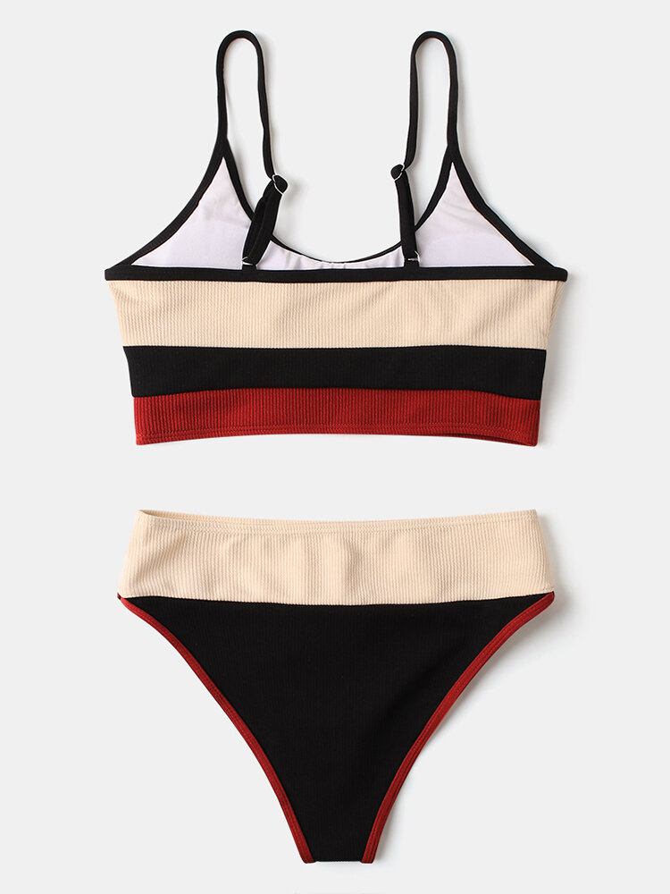 Dame Stripe Patchwork High Waist Bikini Rygløst Strandtøj