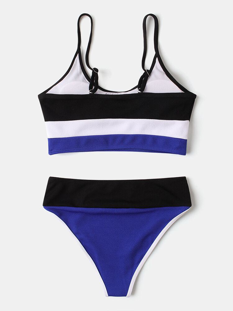 Dame Stripe Patchwork High Waist Bikini Rygløst Strandtøj