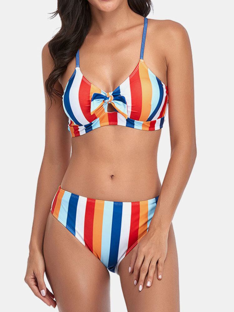 Dame Stripe Print Spaghetti Remme Knyttet Hawaii Bikini Badedragt