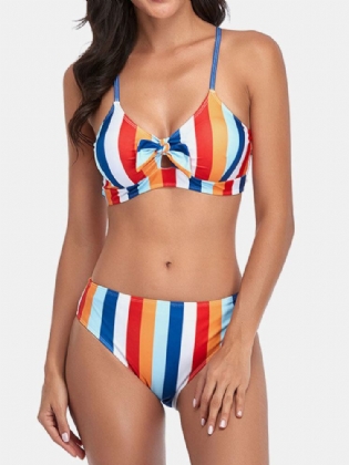 Dame Stripe Print Spaghetti Remme Knyttet Hawaii Bikini Badedragt