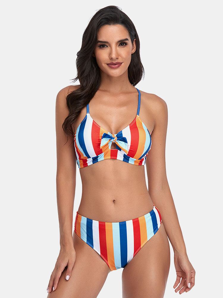 Dame Stripe Print Spaghetti Remme Knyttet Hawaii Bikini Badedragt