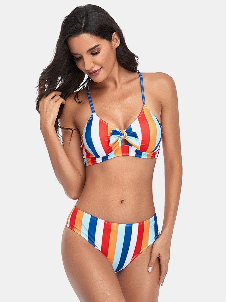 Dame Stripe Print Spaghetti Remme Knyttet Hawaii Bikini Badedragt