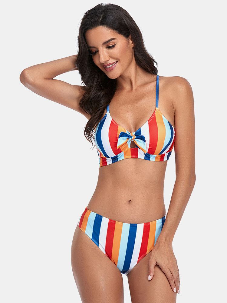 Dame Stripe Print Spaghetti Remme Knyttet Hawaii Bikini Badedragt