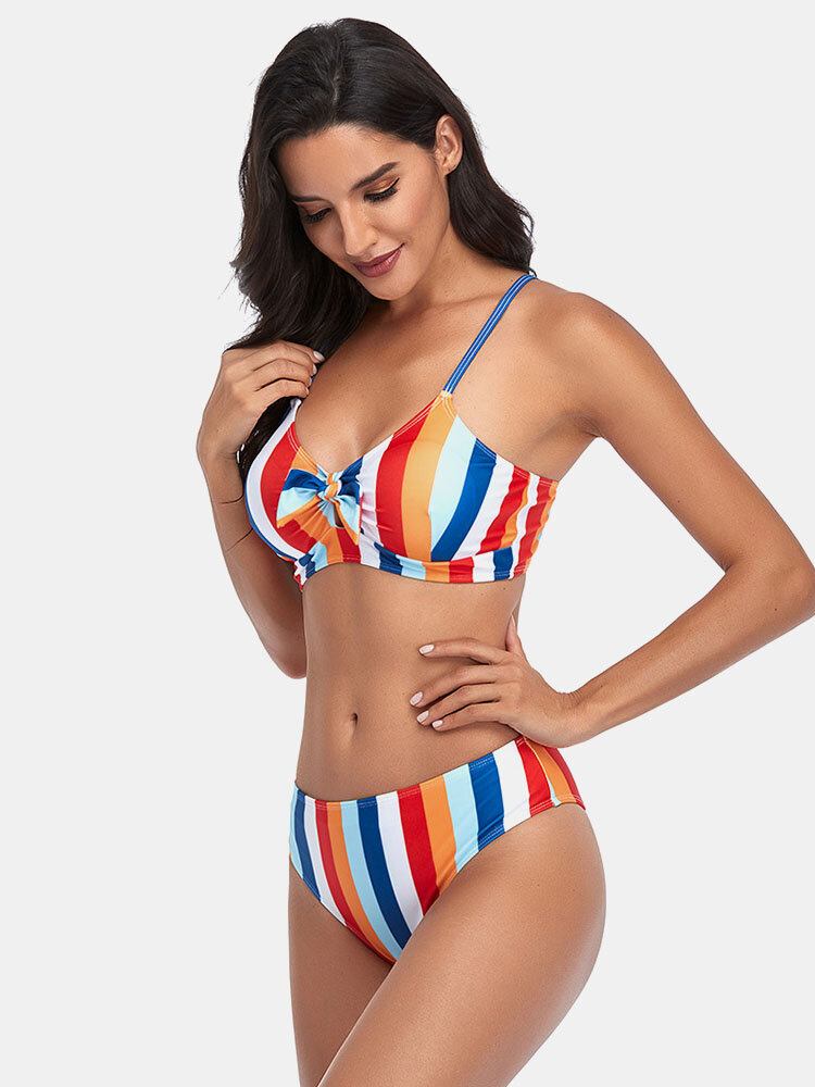 Dame Stripe Print Spaghetti Remme Knyttet Hawaii Bikini Badedragt