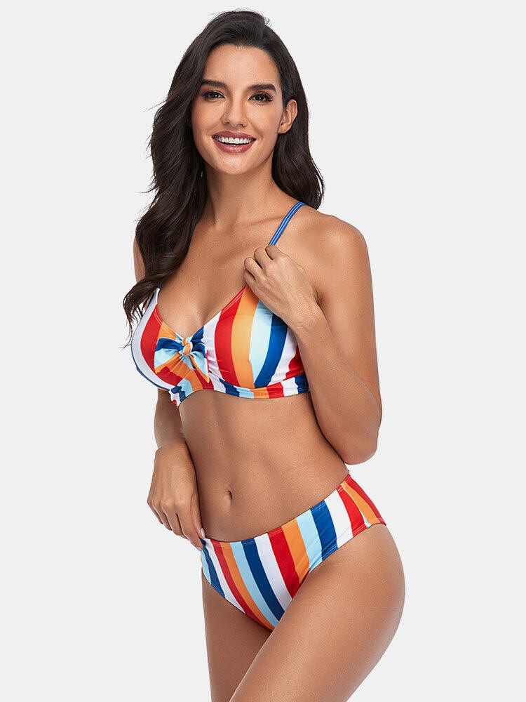 Dame Stripe Print Spaghetti Remme Knyttet Hawaii Bikini Badedragt