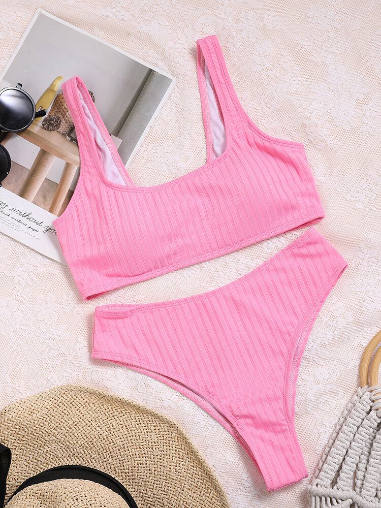 Ensfarvet Plain Stripe Casual Bikini Badetøj