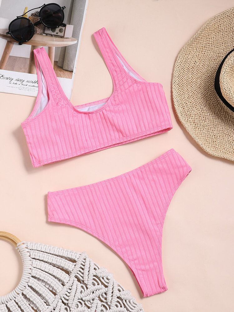 Ensfarvet Plain Stripe Casual Bikini Badetøj