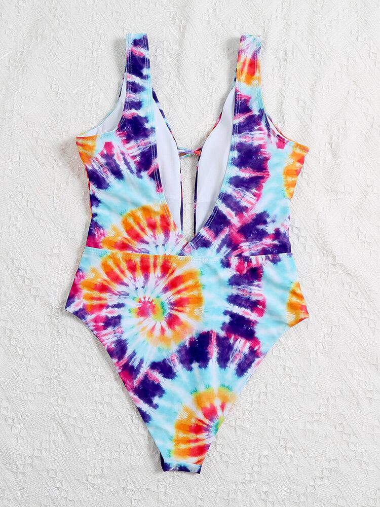 Farverig Tie Dye Bowknot Trim High Fork One Piece Dame Strandbadetøj