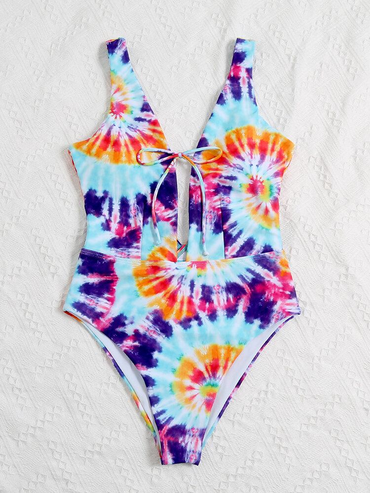 Farverig Tie Dye Bowknot Trim High Fork One Piece Dame Strandbadetøj