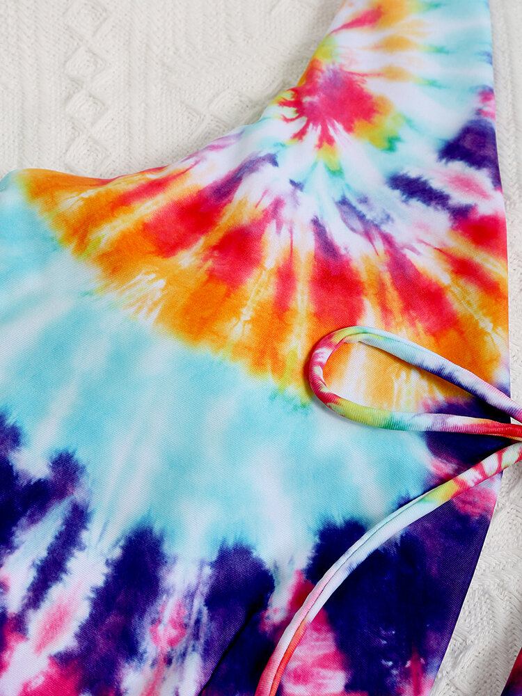 Farverig Tie Dye Bowknot Trim High Fork One Piece Dame Strandbadetøj