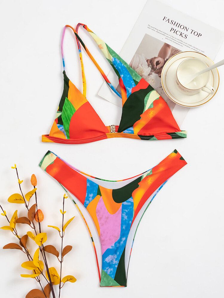 Geometri Mønster Print Farveblok En Skulder Krydskryds Hawaii Bikini