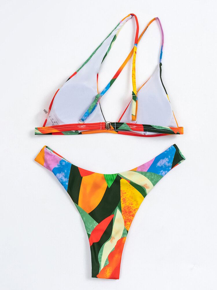 Geometri Mønster Print Farveblok En Skulder Krydskryds Hawaii Bikini