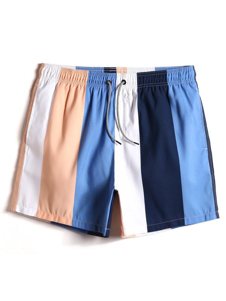 Herre Color Block Stripe Hurtigtørrende Strandshorts Med Snøre Med Lomme