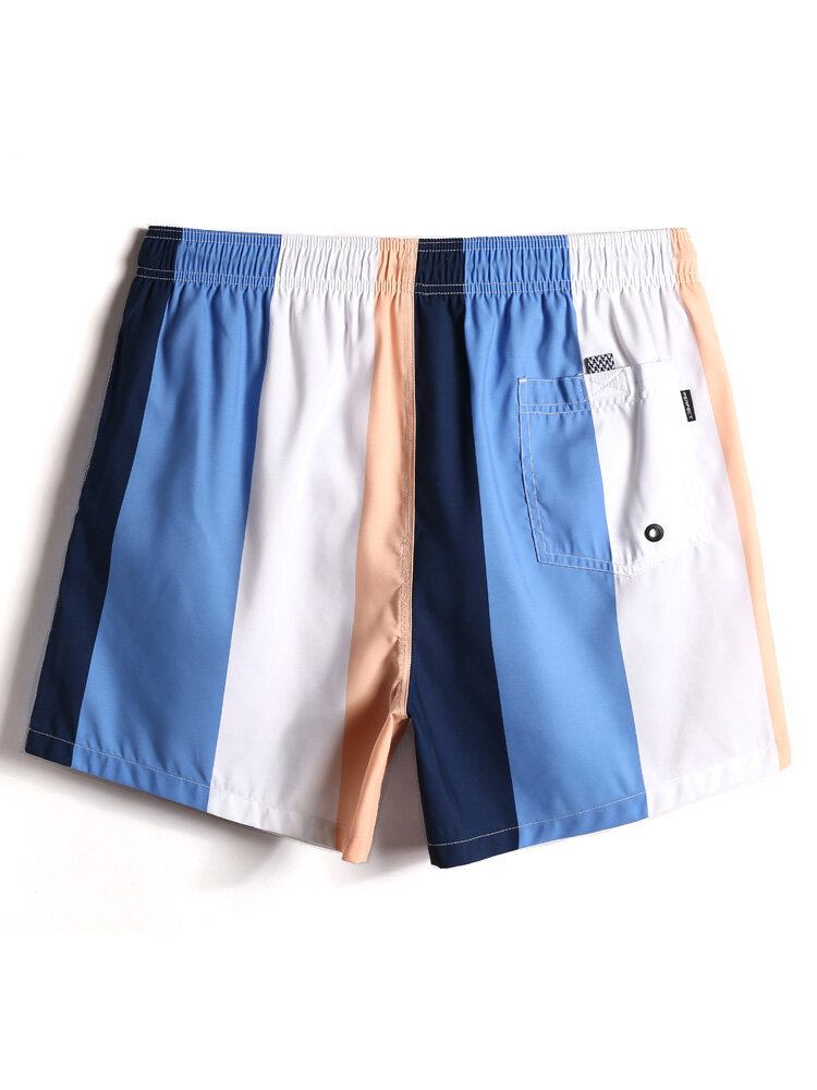 Herre Color Block Stripe Hurtigtørrende Strandshorts Med Snøre Med Lomme