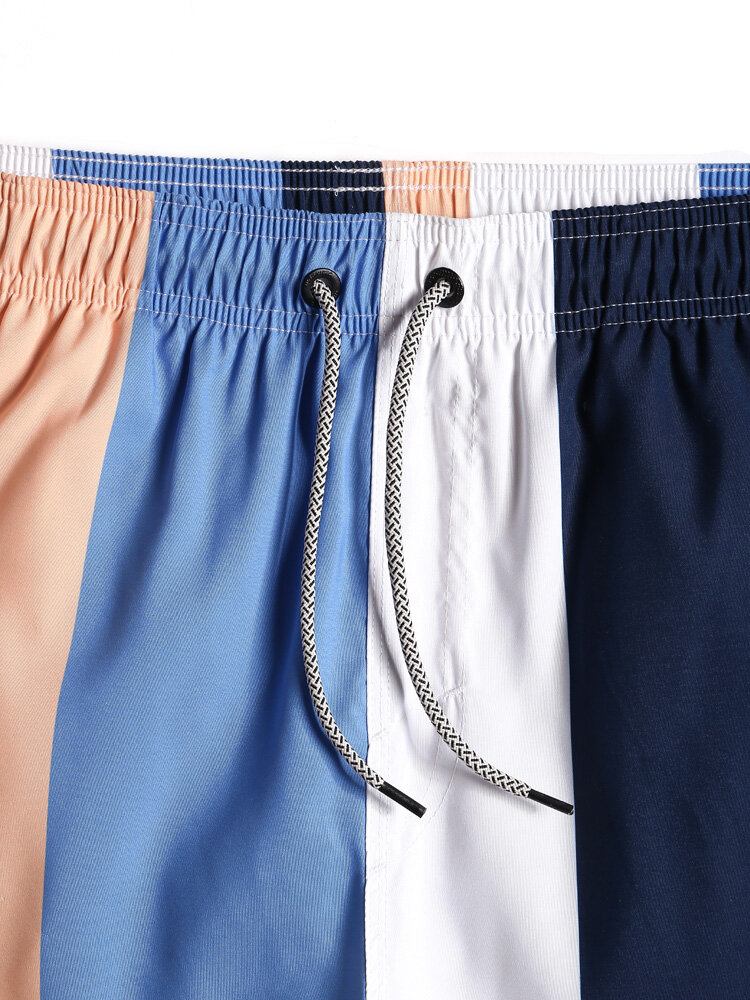 Herre Color Block Stripe Hurtigtørrende Strandshorts Med Snøre Med Lomme