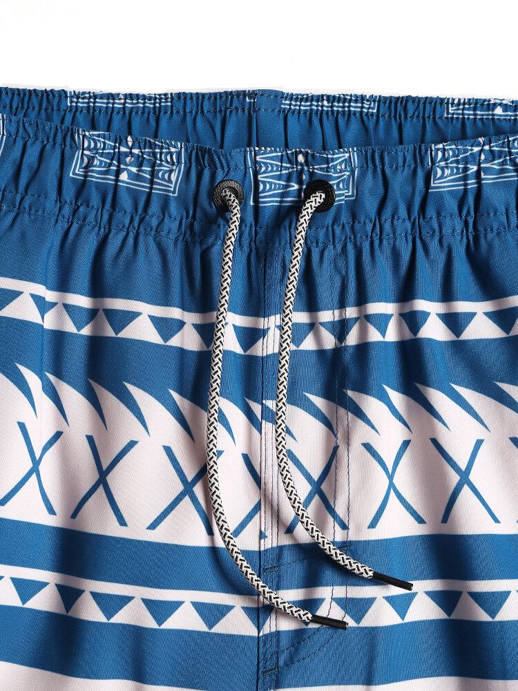 Hurtigtørrende Mænds Vintage Geoprint Strandshorts Med Snoretræk