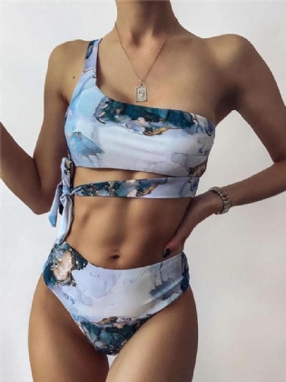 Kontrastfarve Tie Dye Print Én Skulder Knyttet Høj Talje Dame Beach Bikini