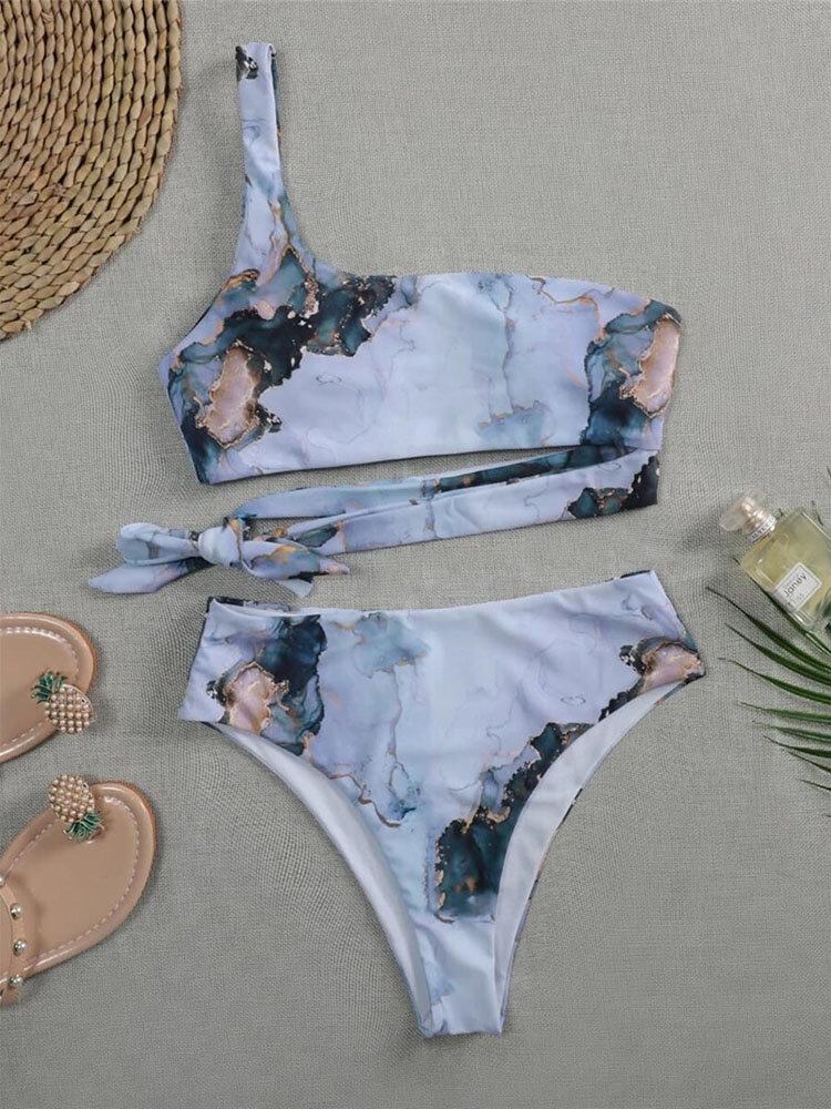 Kontrastfarve Tie Dye Print Én Skulder Knyttet Høj Talje Dame Beach Bikini