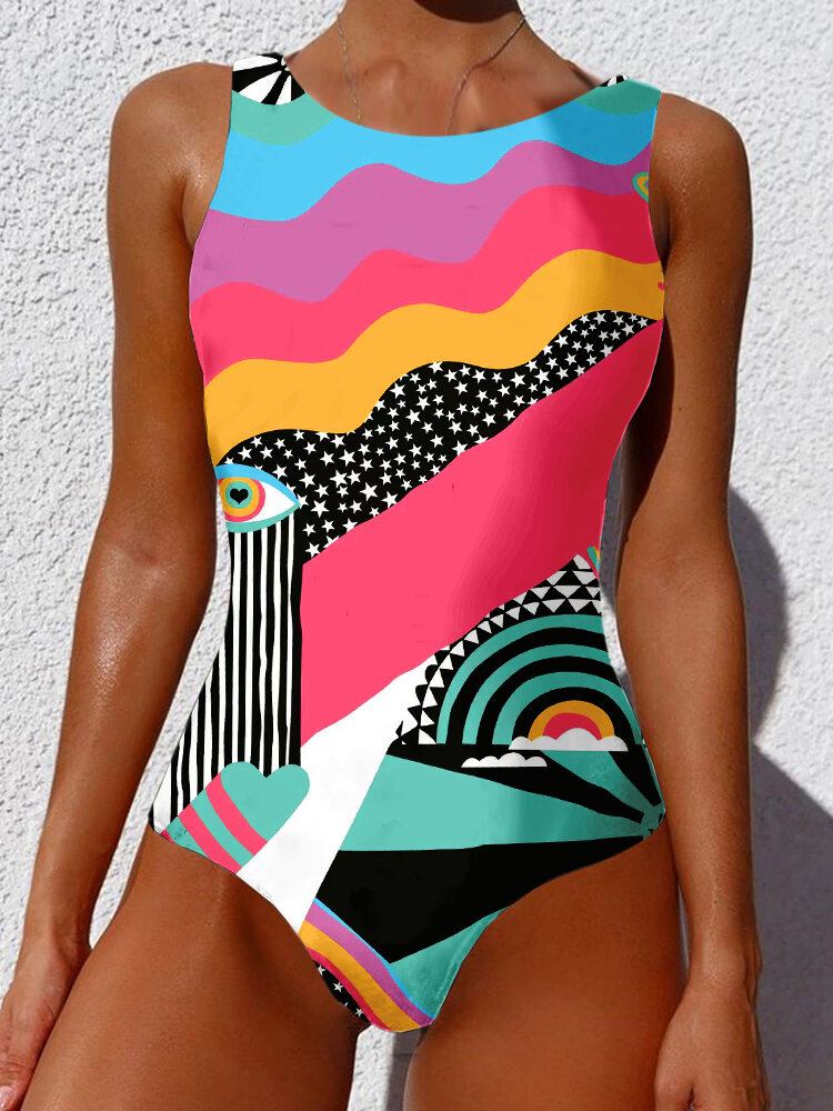 Kvinder Abstrakt Figur Print Brede Remme Rygløse Beach One Piece