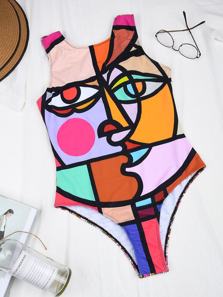 Kvinder Abstrakt Figur Print Brede Remme Rygløse Beach One Piece