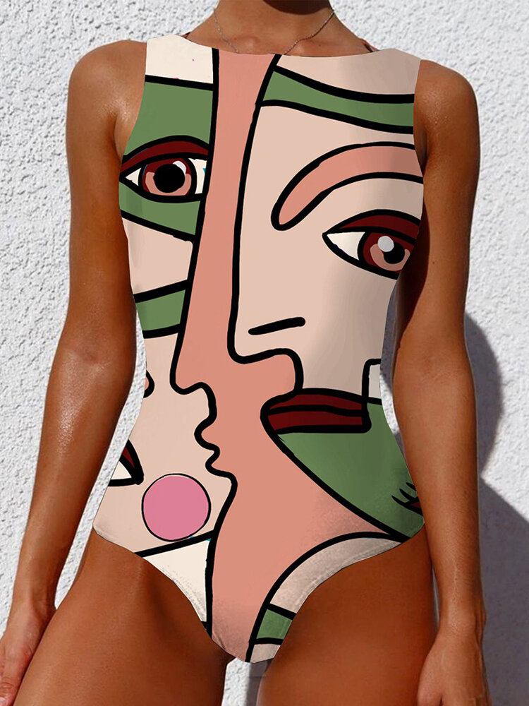 Kvinder Abstrakt Figur Print Rygløse Brede Remme Slmming One Piece