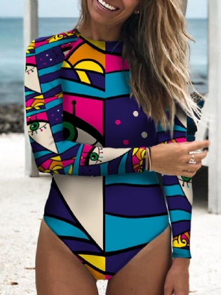 Kvinder Abstrakt Figur Print Tie Back Langærmet One Piece Beach Surfing Badetøj