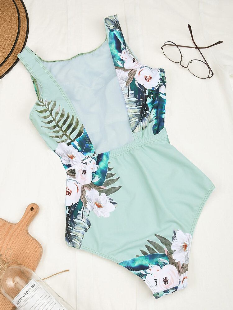 Kvinder Blomsterprint Rygløst Badetøj Hawaii Holiday Beach One Piece