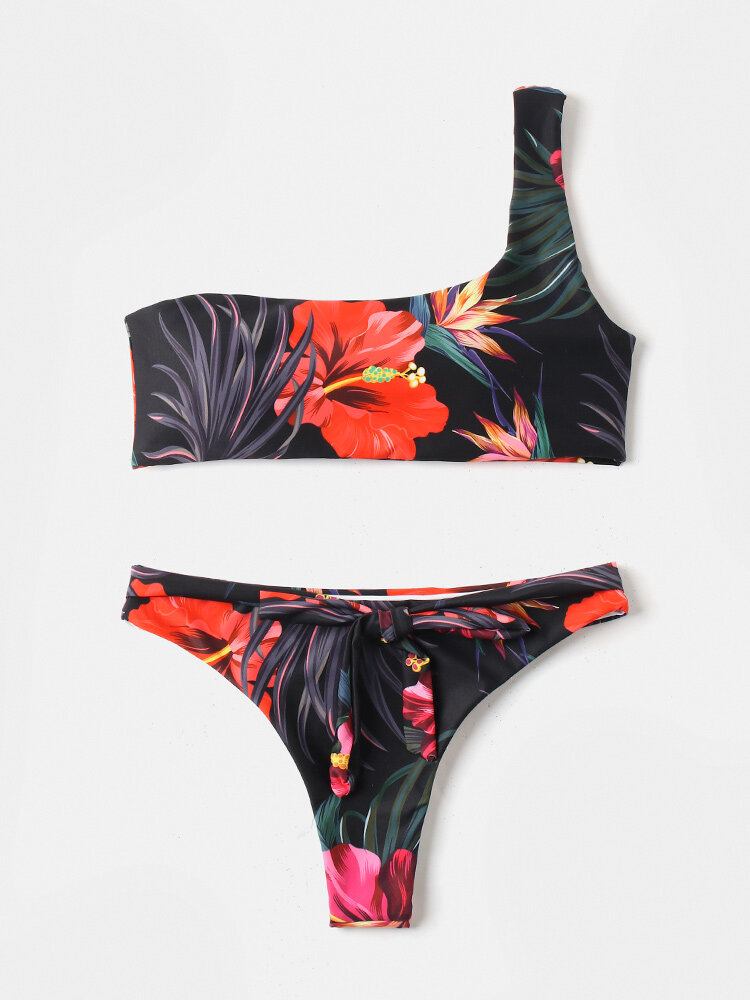 Kvinder Blomstertryk One Skulder Tie Front String Bikini Rygløse Badedragter