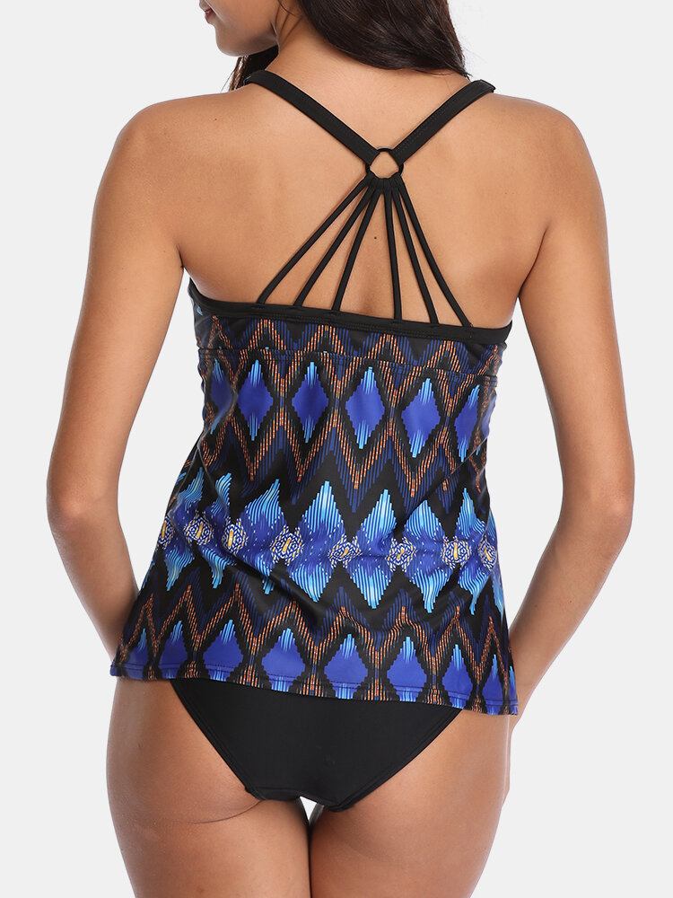 Kvinder Etnisk Stil Geometrisk Print Rygløs Tankini Cover Mave Badedragter