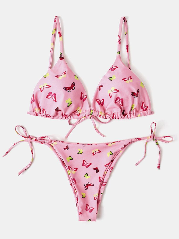 Kvinder Farverigt Butterfly Print Spaghetti Straps Rygløse Thong Bikinier