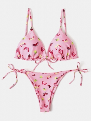 Kvinder Farverigt Butterfly Print Spaghetti Straps Rygløse Thong Bikinier