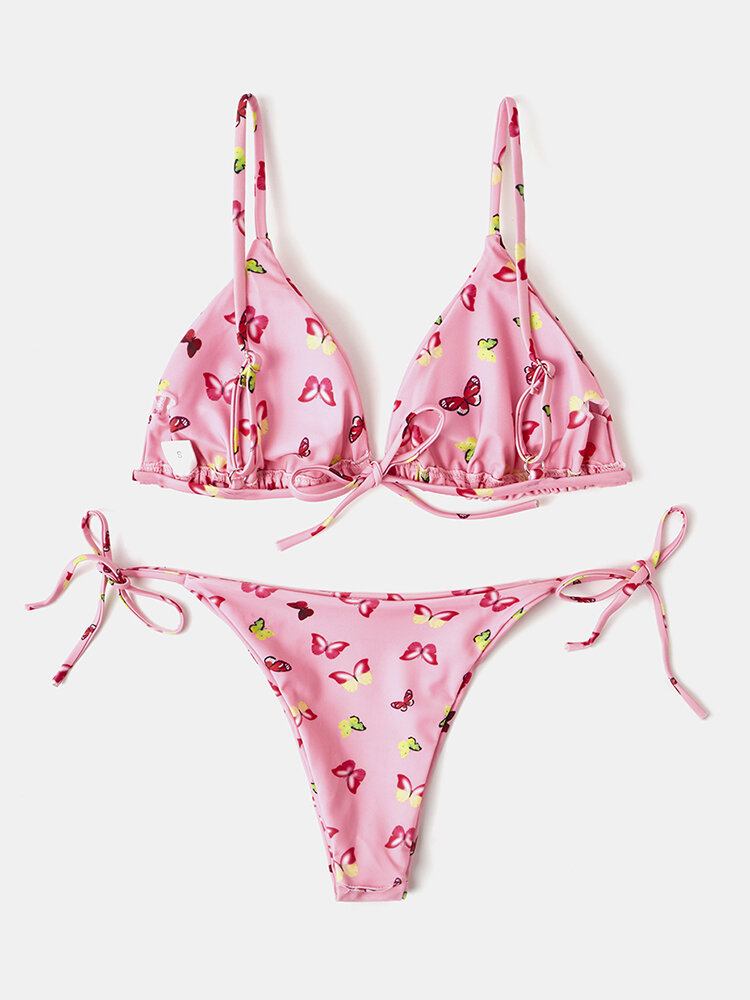 Kvinder Farverigt Butterfly Print Spaghetti Straps Rygløse Thong Bikinier