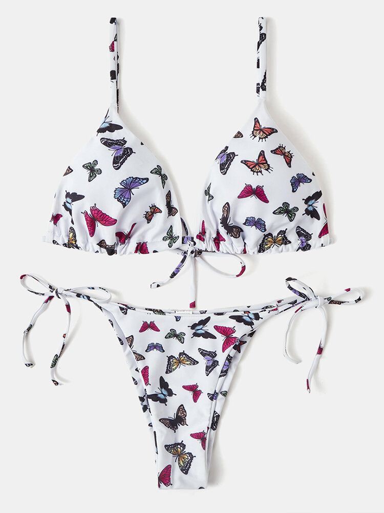 Kvinder Farverigt Butterfly Print Spaghetti Straps Rygløse Thong Bikinier