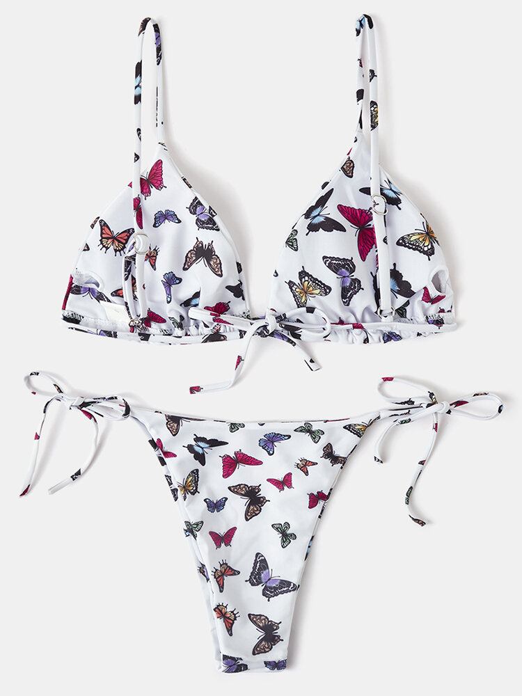 Kvinder Farverigt Butterfly Print Spaghetti Straps Rygløse Thong Bikinier