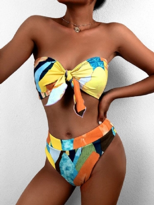 Kvinder Farverigt Print Tie Front Bandeau Stropløse Bikinier Med Thong