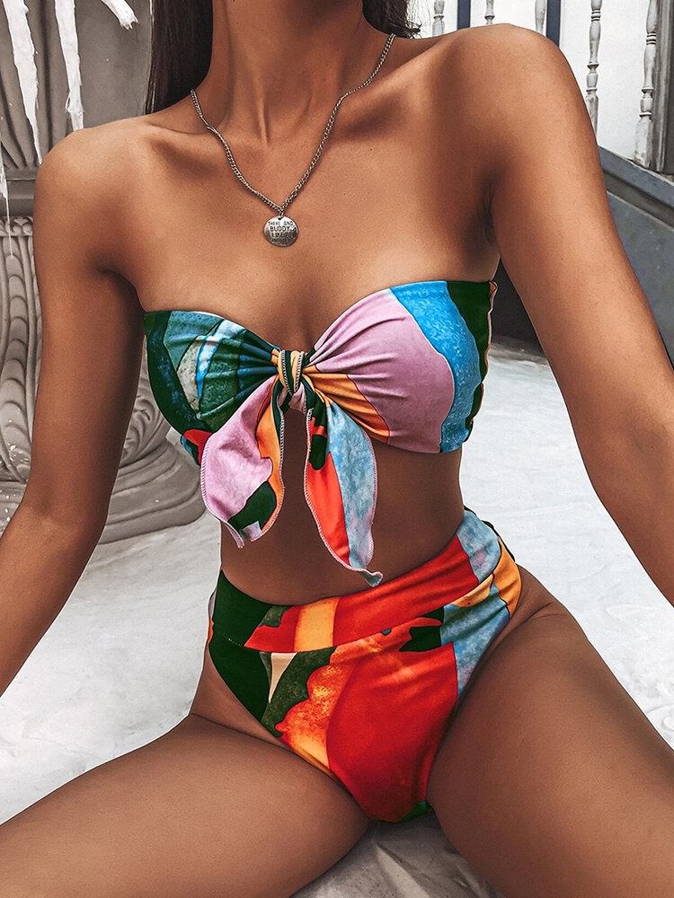 Kvinder Farverigt Print Tie Front Bandeau Stropløse Bikinier Med Thong