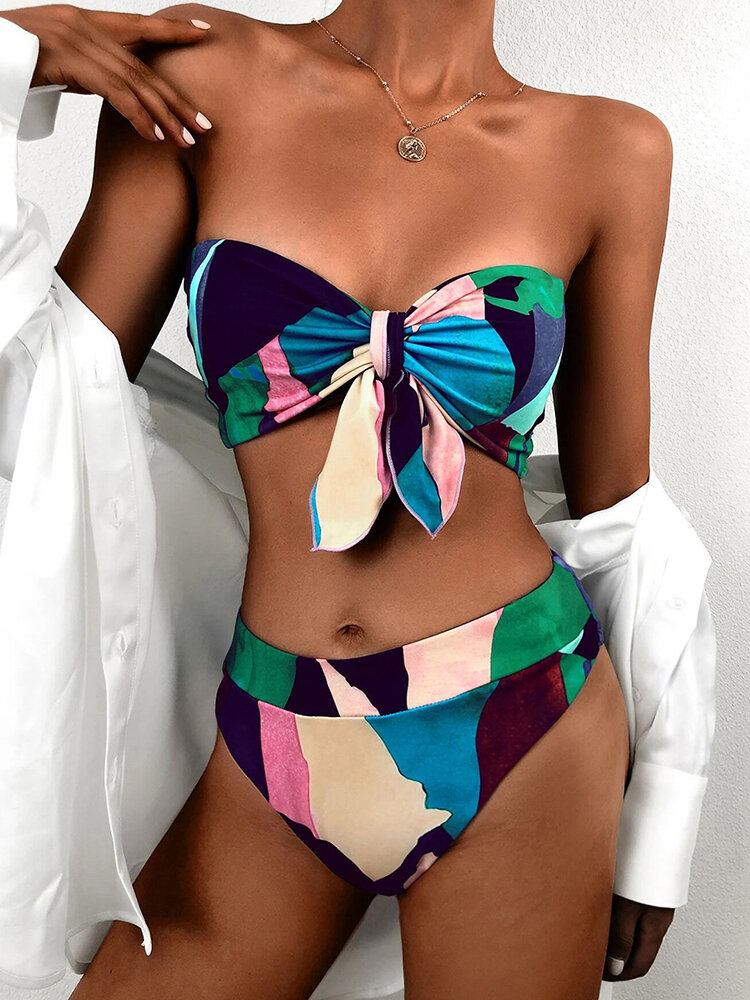 Kvinder Farverigt Print Tie Front Bandeau Stropløse Bikinier Med Thong