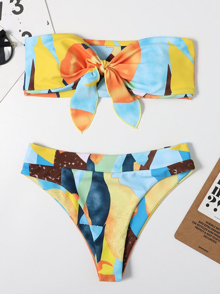 Kvinder Farverigt Print Tie Front Bandeau Stropløse Bikinier Med Thong