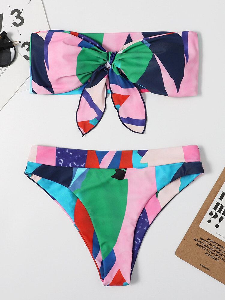 Kvinder Farverigt Print Tie Front Bandeau Stropløse Bikinier Med Thong