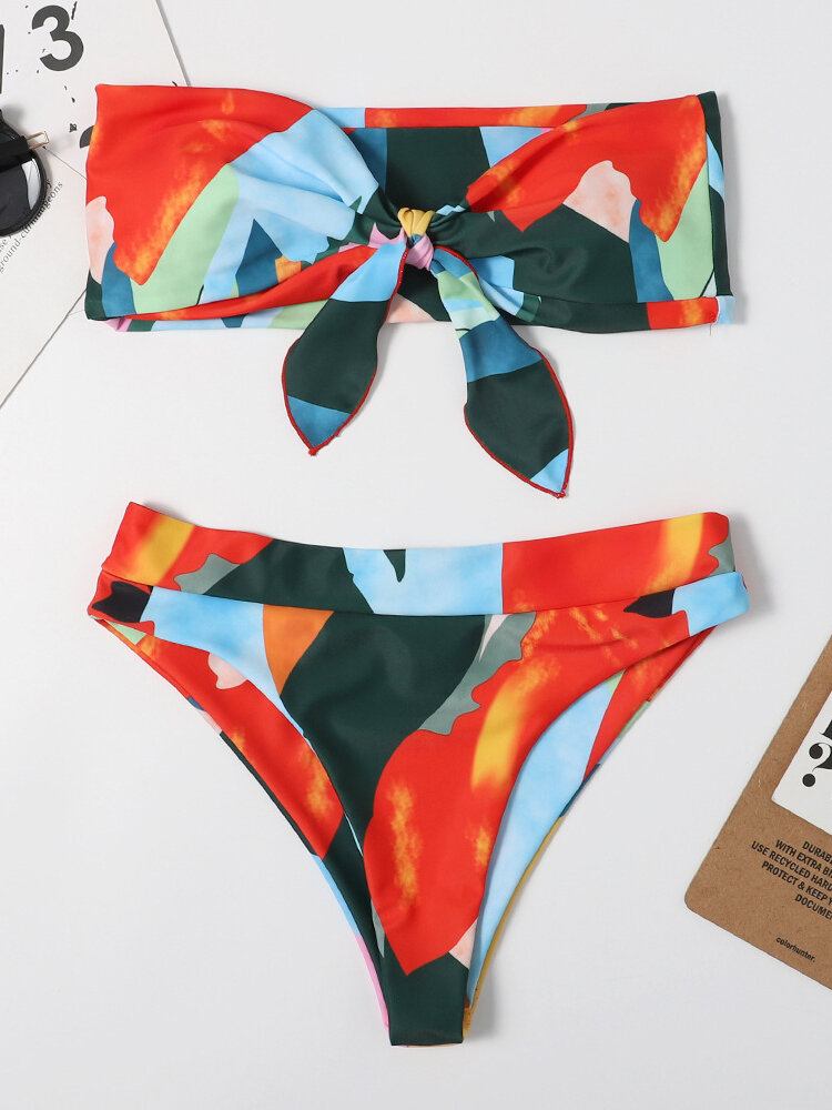 Kvinder Farverigt Print Tie Front Bandeau Stropløse Bikinier Med Thong