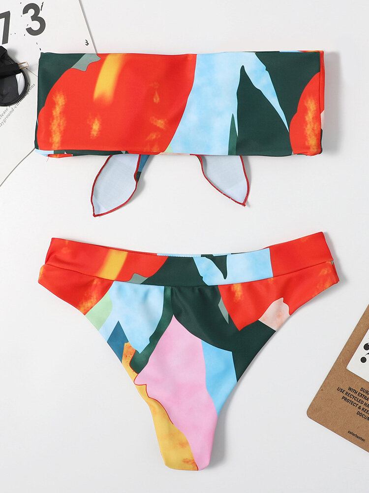 Kvinder Farverigt Print Tie Front Bandeau Stropløse Bikinier Med Thong