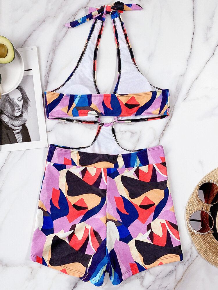 Kvinder Kontrastfarve Geometri Mønster Print Halter One Piece Badetøj