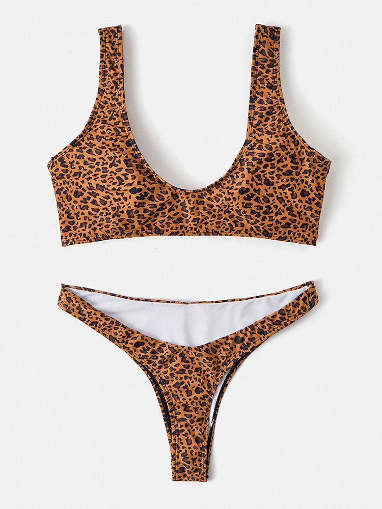 Kvinder Leopard Animal Print Brede Skulderstropper Rygløse Bikinithong Badedragter