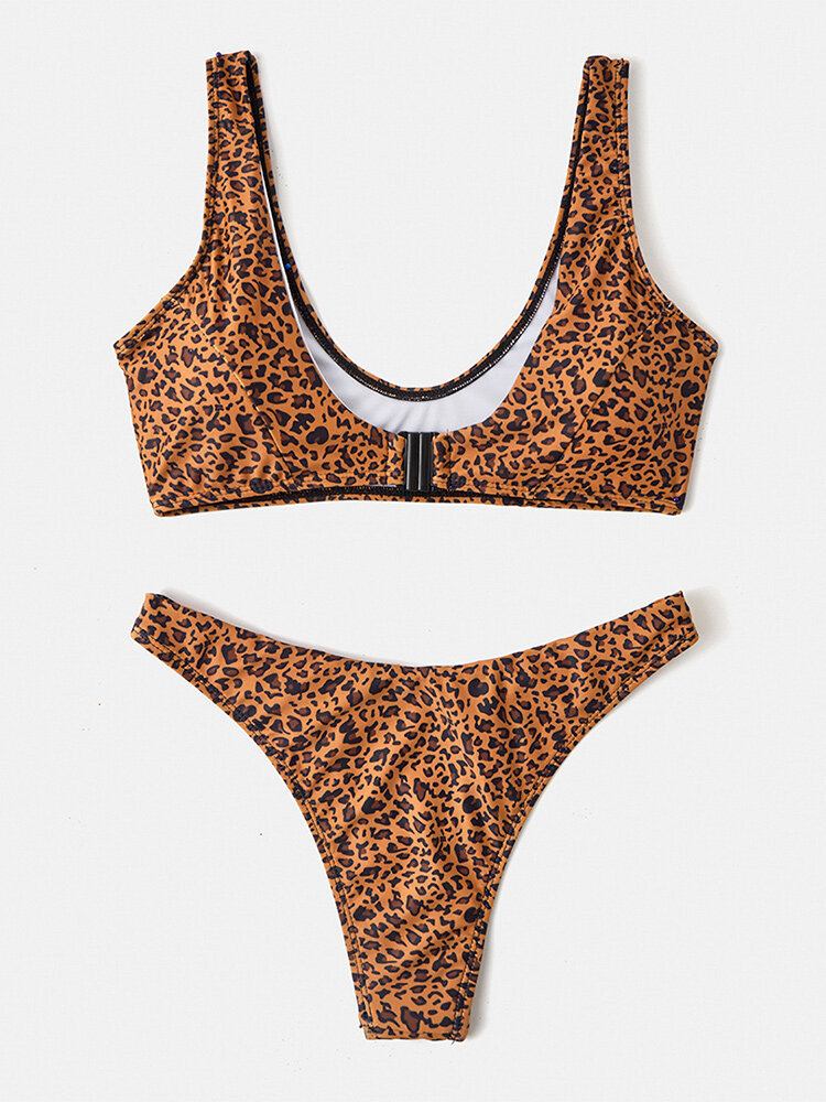 Kvinder Leopard Animal Print Brede Skulderstropper Rygløse Bikinithong Badedragter