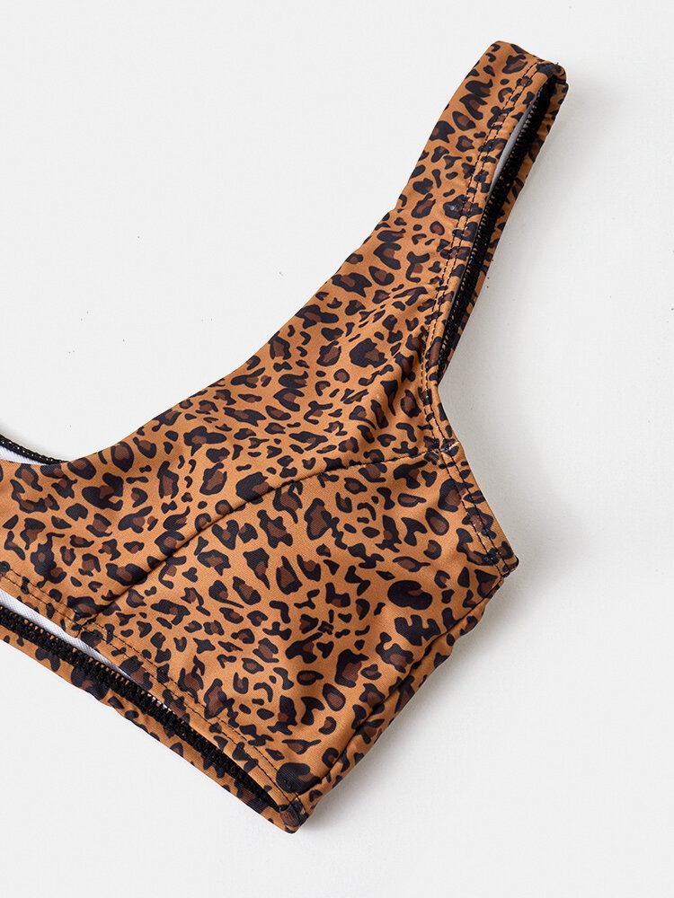 Kvinder Leopard Animal Print Brede Skulderstropper Rygløse Bikinithong Badedragter