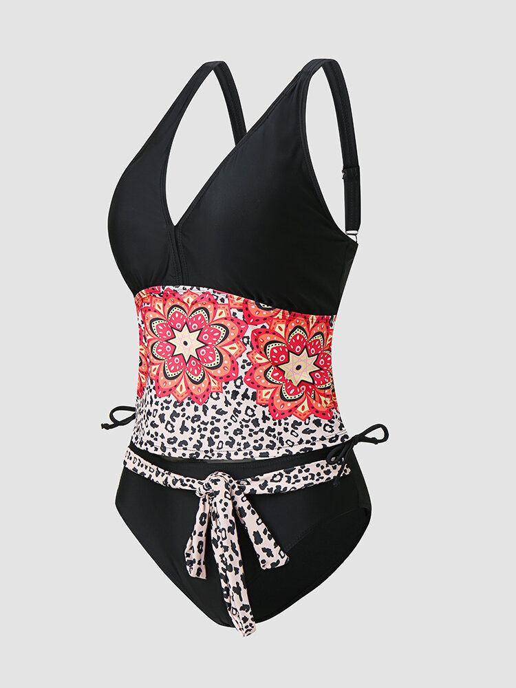 Kvinder Leopard Calico Patchwork-bånd Polstret Bohemian Style Bikinier