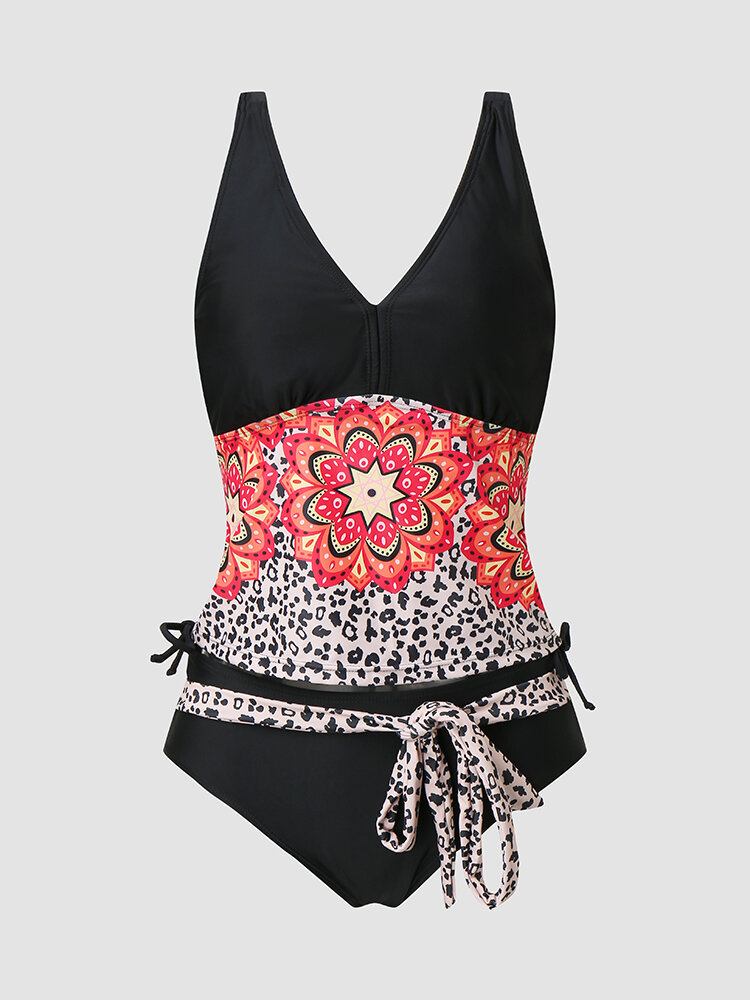 Kvinder Leopard Calico Patchwork-bånd Polstret Bohemian Style Bikinier