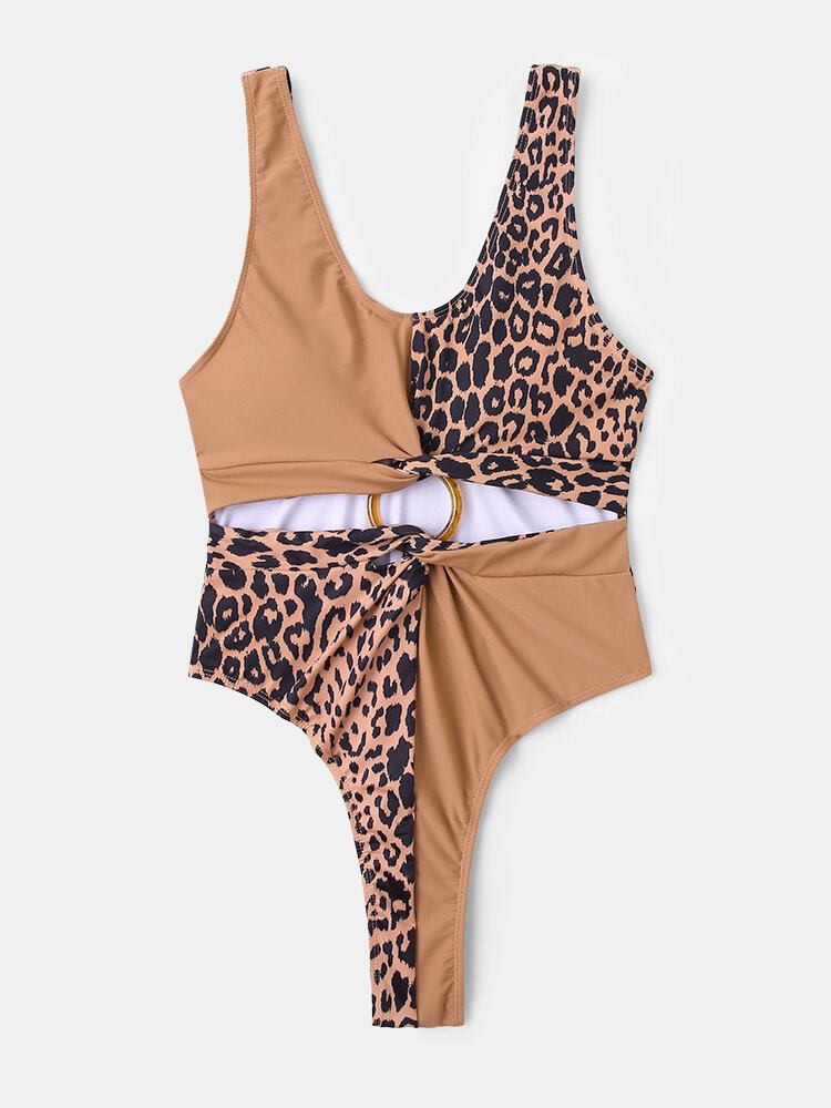 Kvinder Leopard Patchwork Ensfarvet Bikini One Piece Cut Out Slankende Badetøj