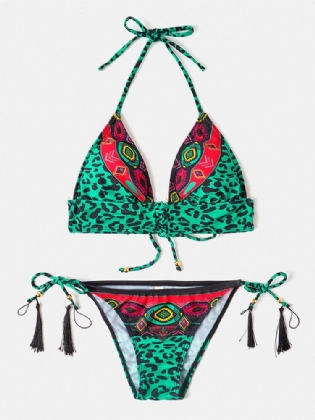 Kvinder Leopard Patchwork Etnisk Print Halter String Bikini Rygløst Badetøj